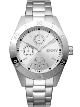 Rund sølv urskive med DKNY-logo, sølv metalrem, og små skiver til dag og dato.