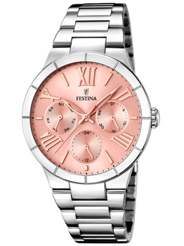 Dameur med pink urskive, romertal, tre sub-skiver og metallisk rem fra Festina.
