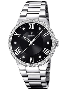 Festina F16719/2 dameur med sort urskive, romertal, sten på urkasse og metalrem med flere led.