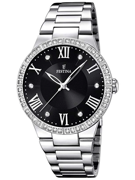 Festina F16719/2 dameur med sort urskive, romertal, sten på urkasse og metalrem med flere led.