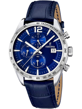 Blåt chronograph-ur med tachymeter, tre subdials og datovindue. Blå læderrem og sølvfarvet urkasse.
