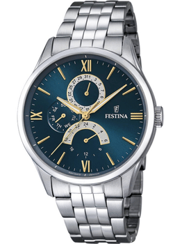 Festina F16822/A ur med blå urskive, guldmarkeringer, visere og sølvfarvet metalarmbånd.
