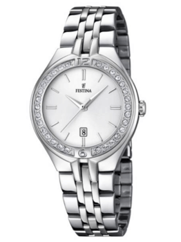 Festina dameur med stenindlæg, skinnende metalrem, Festina-logo og datovindue over kl. 6.
