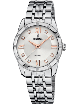 Festina dameur med romertal, små sten, sølvfarvet poleret armbånd, 32mm urskive, 5ATM vandtæt.
