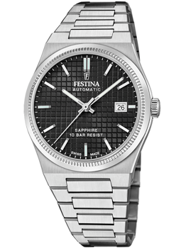 Festina herreur med sort urskive, sølvmarkører, datovisning kl. 3, og metalarmbånd.