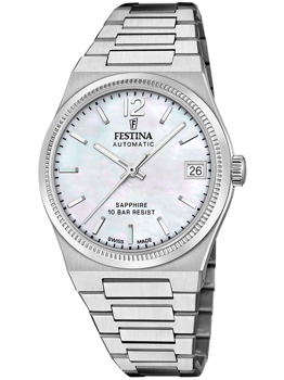 Sølv Festina dameur med perlemorsskive, datovisning, automatisk værk, og 10 bar vandtæthed.