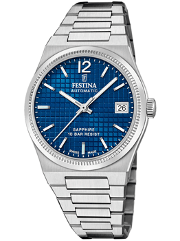 Festina dameur med blå gitterurskive, metalrem, datovisning, safirglas og 10 ATM vandtæthed.