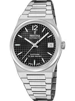 Festina dameur med sort urskive, sølv urrem, tydelige markeringer og datovindue.
