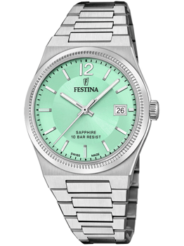 Grøn urskive, sølvmarkeringer, datovisning kl. 3, sølvmetalrem, Festina F20035/3 dameur.