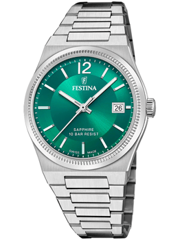 Festina dameur med grøn urskive, sølvmarkeringer, dato ved kl. 3, og metalrem.