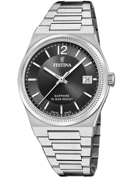 Festina dameur med sort urskive, metalarmlænke, datovisning kl. 3, "Sapphire 10 Bar Resist".