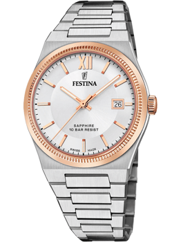 Festina herreur med guldtonet bezel, metallisk armbånd, romertal ved 12, vandtæt til 10 ATM.