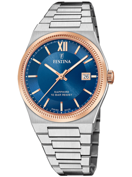 Blå urskive, guld accenter, dato kl. 3, metalarmbånd, Swiss Made, vandtæt 10 ATM.