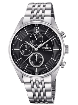 Armbåndsur med metalrem, sort urskive, tre sub-dials, Festina-logo og "Chronograph".
