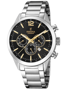 Festina ur med sort skive, gyldne detaljer, tre kronografer og sølvfarvet metalrem.