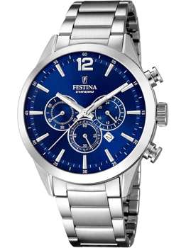 Festina F20343/7 ur med blå urskive, tre sub-dials, metallisk armbånd og datovindue kl. 4.
