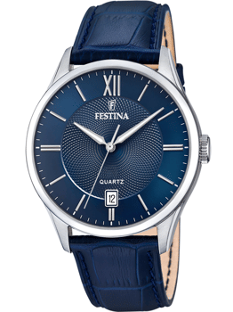Festina herreur med blå urskive, romertal XII, stregmarkeringer og datovisning kl. 6. Blå læderrem.