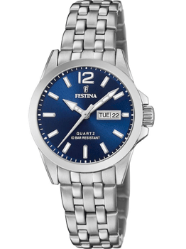 Festina dameur med blå urskive, sølvmarkeringer, datovisning, metalrem og 10 ATM vandtæthed.