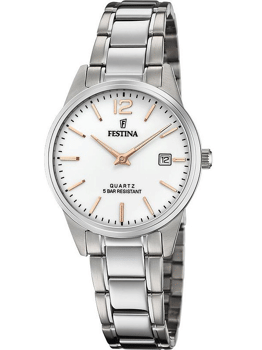 Festina dameur med sølvrem, hvid urskive, guldfarvede markeringer og dato ved kl. 3.