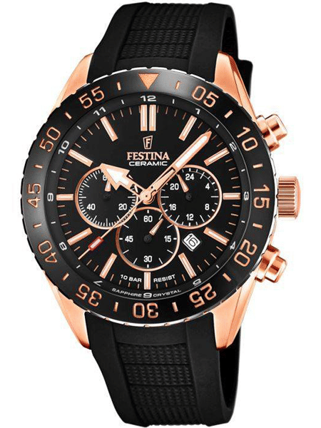 Festina F20516/2 ur med sort skive, gyldne accenter, tre sub-skiver og datovisning kl. 4.