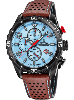 Festina F20519/1 ur med lyseblå urskive, brun læderrem, tre subdials og datovindue mellem 4 og 5.