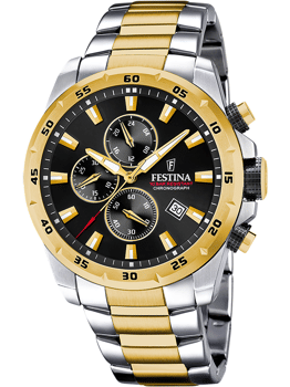 Sort urskive med subdials, guld-sølv urrem, vandtæt 10 ATM. Festina F20562/4 herreur.