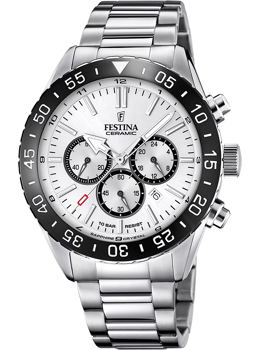 Festina ur med chronograf, sort bezel med minutmarkeringer, metalrem, vandtæt 10 BAR.