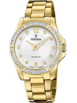 Guldtonet Festina dameur med stenbesat bezel og hvid urskive, vandtæt 5 ATM, tal 12 og 6 fremhævet.