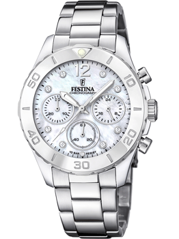Sølvfarvet Festina dameur med urskive, tre subskiver og klassisk armbånd. Vandtæt op til 10 bar.