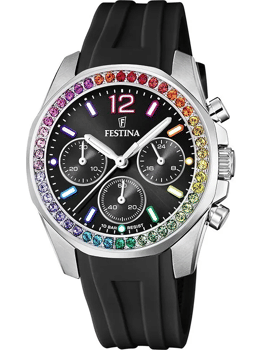 Festina dameur med farverig stenkant, sort skive, tre kronografurskiver, 10 BAR vandtæthed.