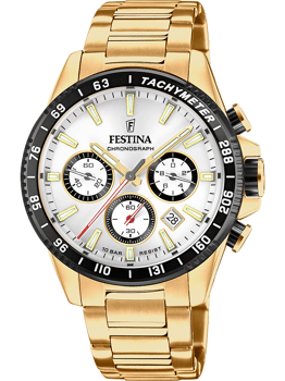 Festina ur med guldrem, hvid skive, tre kronografer, tachymeter og vandtæthed på 10 BAR.