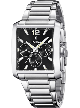 Festina ur med sort skive, sølvmarkører, tre subskiver og metalrem. Rektangulær urkasse.