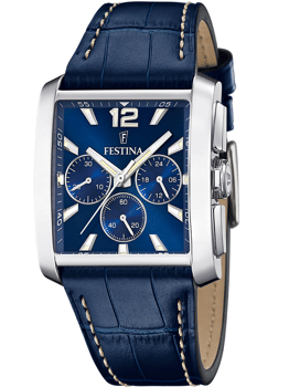 Festina ur med rektangulær kasse, blå urskive, tre suburskiver og blå tekstureret rem.