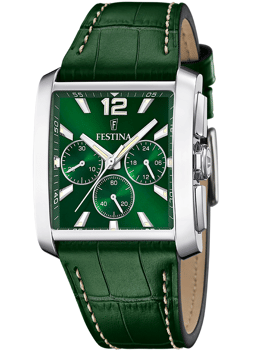 Festina ur med grøn urskive, sølvmarkeringer, tre kronografskiver og grøn rem med syninger.