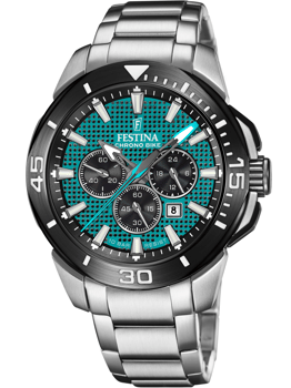 Turquoise urskive med tre subskiver, sølv metalarmbånd, datovindue, Festina Chrono Bike design.