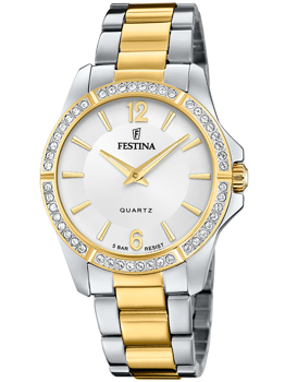 Festina ur med tofarvet rem, krans med krystaller, urskive med "5 BAR RESIST" tekst.