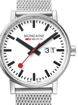 Hvid urskive, sort time- og minutviser, rød sekundviser, datovisning kl. 3, mesh armbånd.