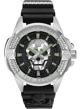Sølvkrans med "PHILIPP PLEIN", kraniedesign på skive, grønne detaljer, sort tekstureret rem.