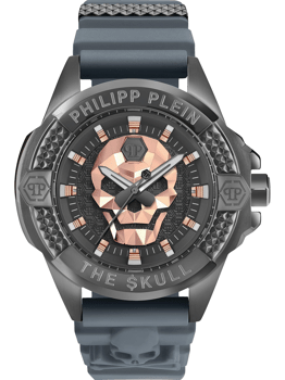 Herreur med kraniedesign på urskiven, teksten "PHILIPP PLEIN" og "THE $KULL" på kransen.
