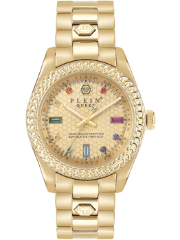 Gyldent Philipp Plein dameur med farverige krystaller, ornamenteret kant og logo på armbåndet.