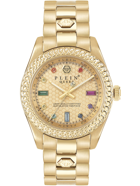 Gyldent Philipp Plein dameur med farverige krystaller, ornamenteret kant og logo på armbåndet.