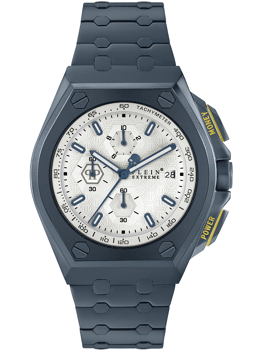 Philipp Plein ur med tachymeter, hvid urskive, blå visere og knapper med "Money" og "Power".