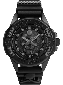 Sort ur med kraniemotiv, "Philipp Plein" og "The $kull" på bezel, sort rem.