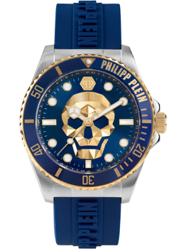 Ur med kraniedesign, blå rem og guldfarvet bezel med "PHILIPP PLEIN" indgraveret.