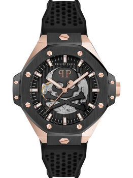 Philipp Plein herreur med skeletdesign, rose guld og sort, sekskantede skruer, sort tekstureret rem.