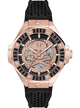 Philipp Plein ur med skeletdesign, rosaguld og sort rem, synlige mekanismer.