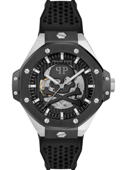 Philipp Plein herreur med skeletdesign, synlig mekanik, "Philipp Plein" på urskiven og skruer på bezelen.