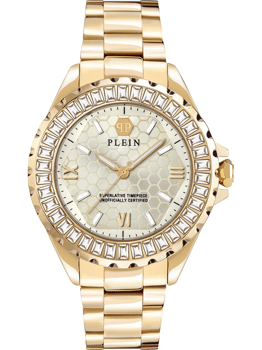 Guldtonet Philipp Plein dameur med tekstureret urskive og teksten "PLEIN" og "SUPERLATIVE TIMEPIECE".