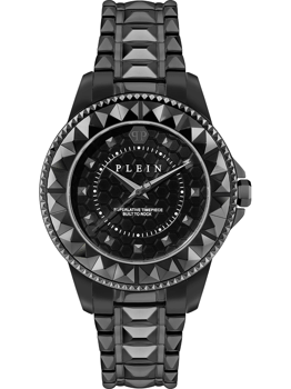 Philipp Plein dameur med sort urskive, pyramidestuds, mærkenavn og teksten "BUILT TO ROCK".