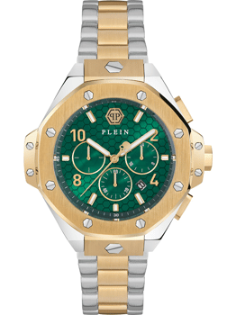 Philipp Plein herreur med grøn urskive, chronograph, guld/sølv armbånd og bezel med skruer.